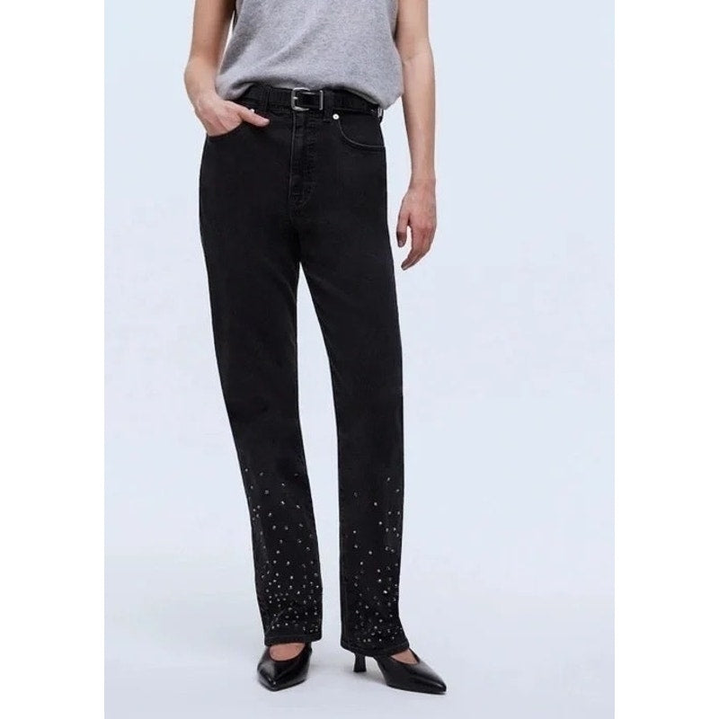 Madewell The 90s Straight Leg High Rise Jeans Rhinestone Studded Black 24 / 00