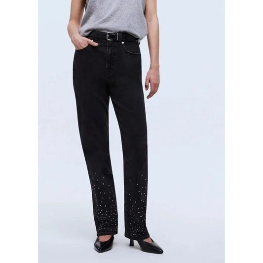 Madewell The 90s Straight Leg High Rise Jeans Rhinestone Studded Black 24 / 00