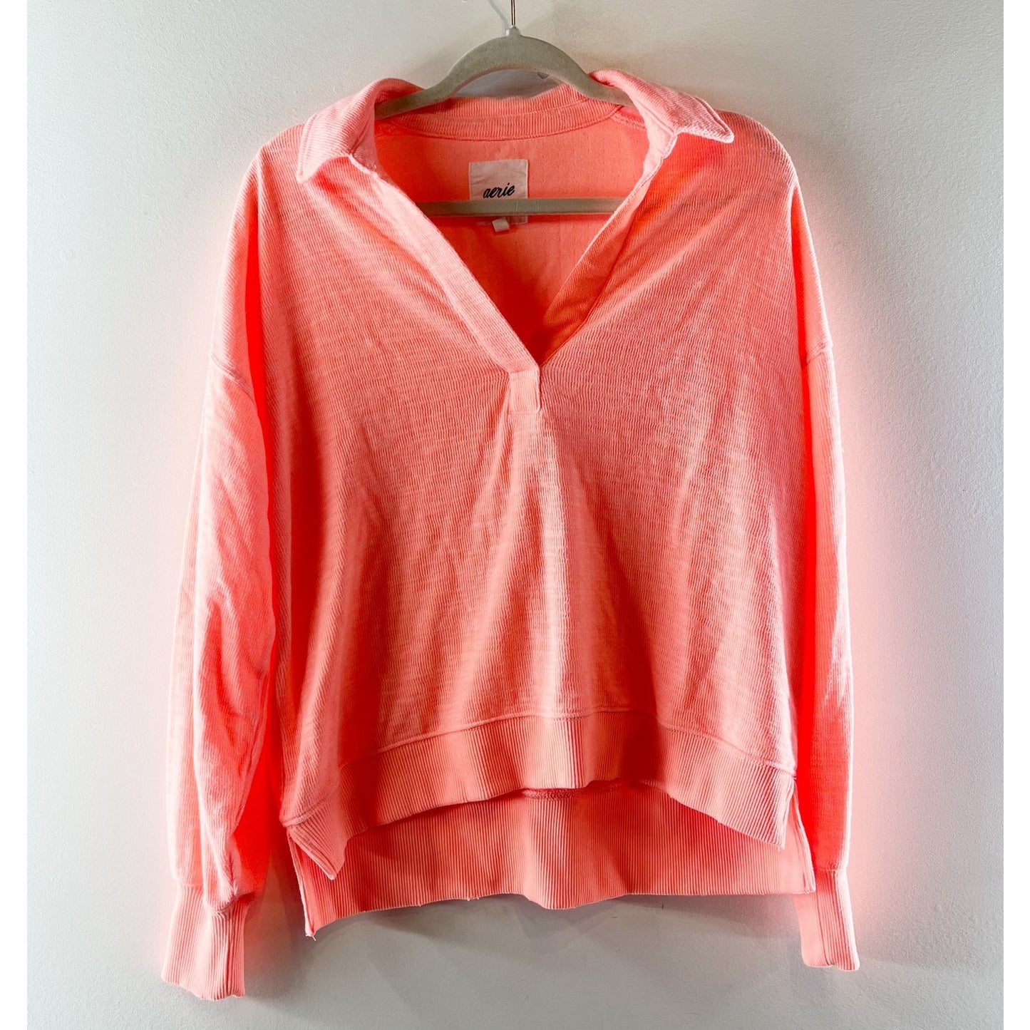 Aerie Polo Long Sleeve Oversized Pullover Top Shirt Coral Pink XS