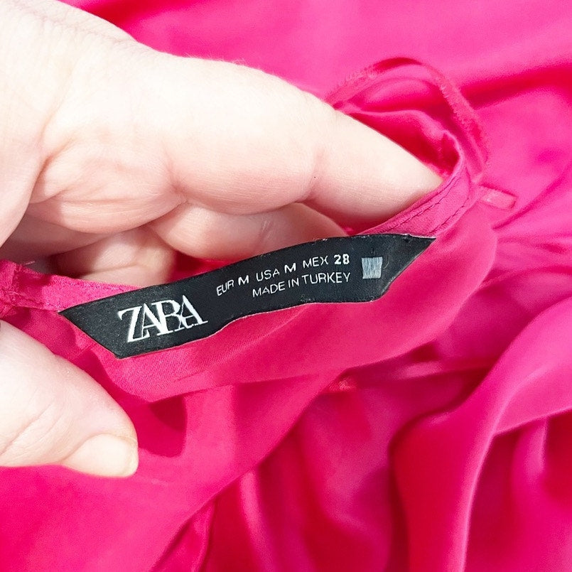 Zara Plunging V-Neck Pleated Wide Leg Buckle Jumpsuit Hot Pink Medium