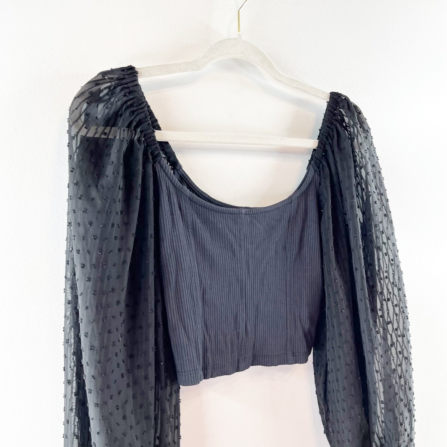 Urban Outfitters Cynthia Ribbed Square Neck Clip Dot Long Sleeve Crop Top Black