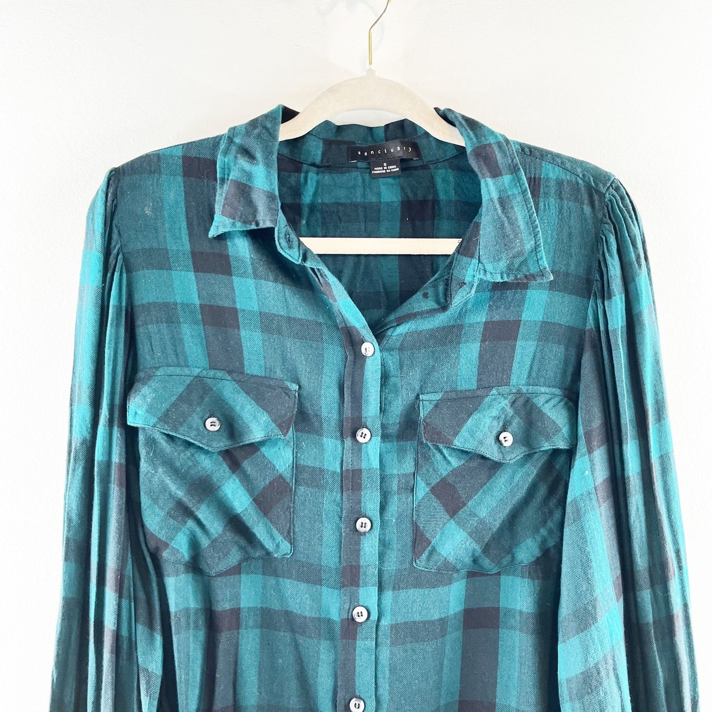 Sanctuary Fireside Boyfriend Button Down Plaid Shirt Teal Green Black Small