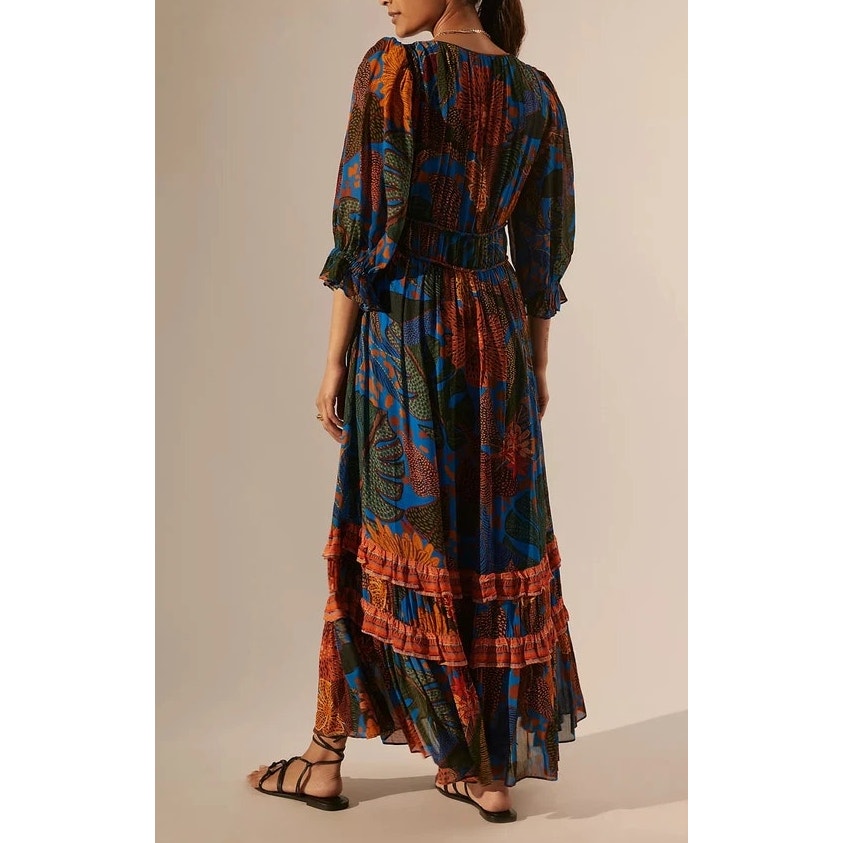 Farm Rio Anthropologie Puff-Sleeve Smocked Tiered Maxi Dress Blue Small