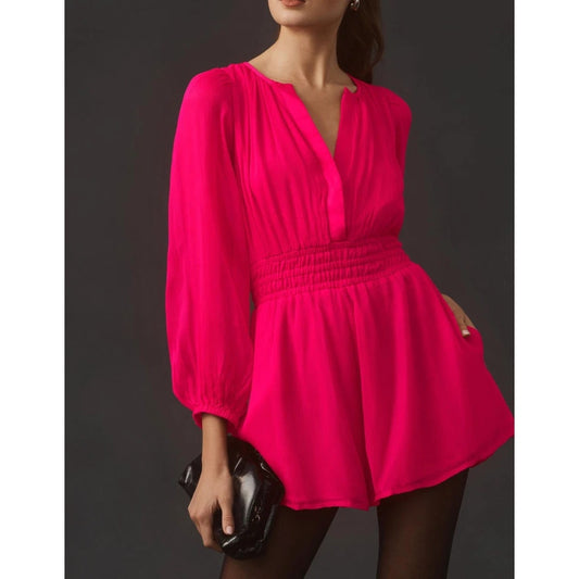 Anthropologie The Somerset V-Neck Long Sleeve Short Romper Hot Pink Medium
