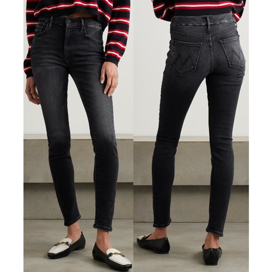 Mother The Looker Black Wash Mid-Rise Whiskered Skinny Jeans Not Today Satan 24