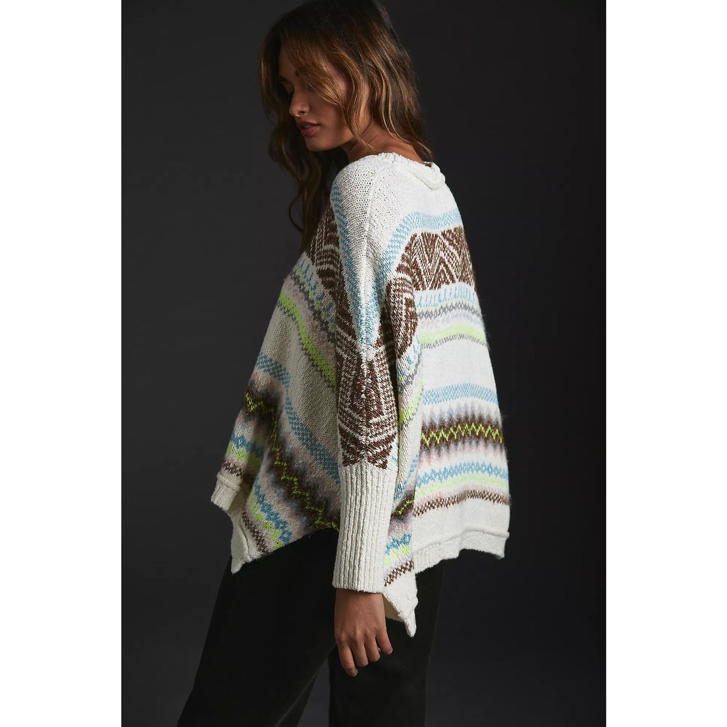 Anthropologie Fair Isle Printed Long Sleeve Crewneck Swing Poncho Sweater White