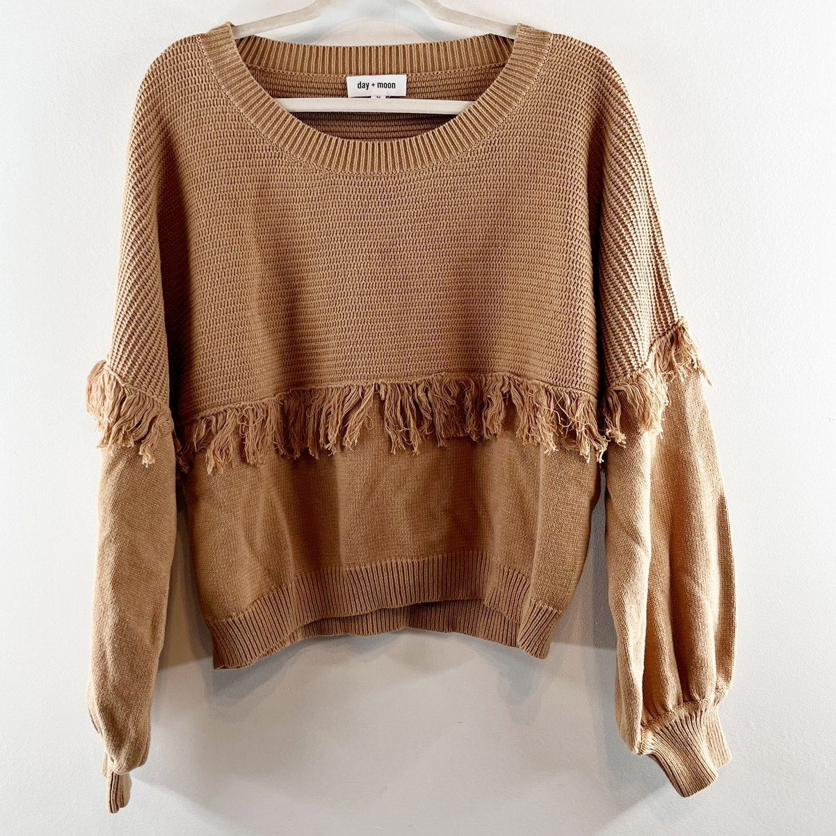 Day + Moon Olivia Crewneck Pullover Cotton Fringe Sweater Brown Large