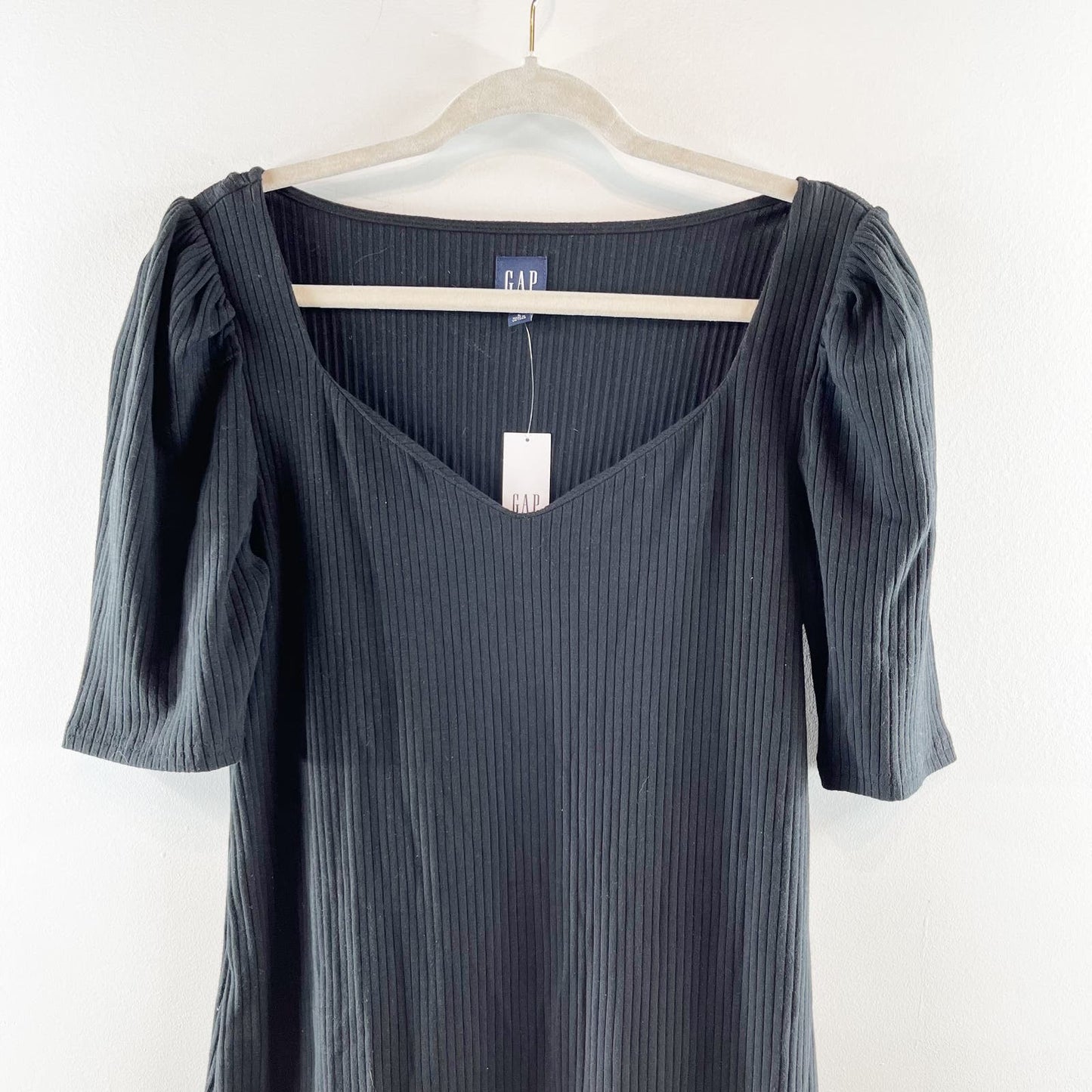 GAP Puff Sleeve Sweetheart Neckline Ribbed Tee Shirt Midi Dress Black Large