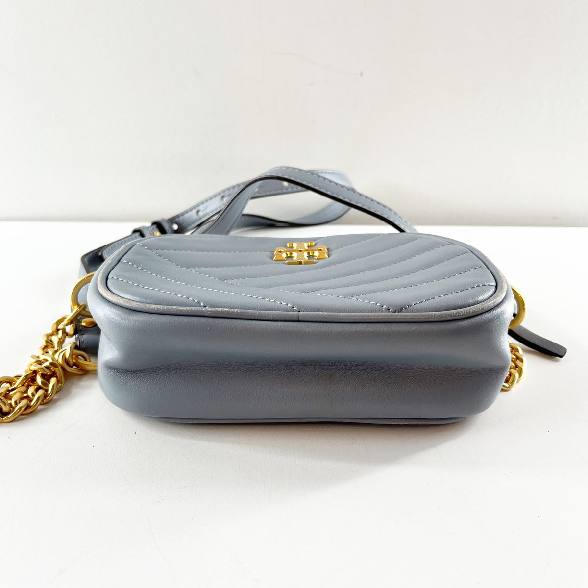 Tory Burch Kira Chevron Leather Small Crossbody Bag Purse Cloud Blue