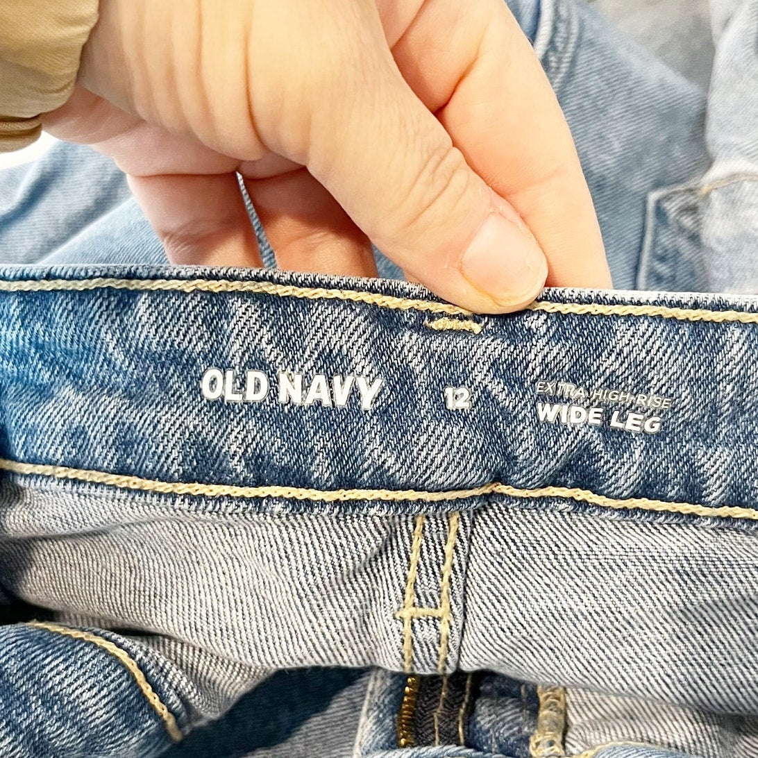 Old Navy Extra High Waisted Trouser Patch Pocket Wide Leg Jeans Blue 12
