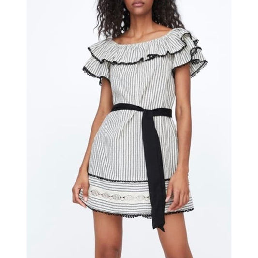 ZARA Ruffle Off The Shoulder Striped Cotton Mini Dress Black White XS