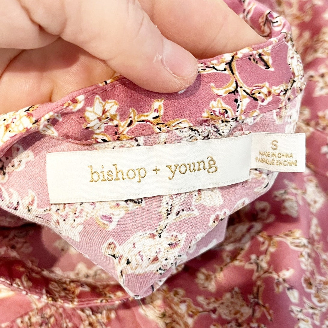 Bishop + Young Floral Puff Short Sleeve Blouse Shirt Pink Small