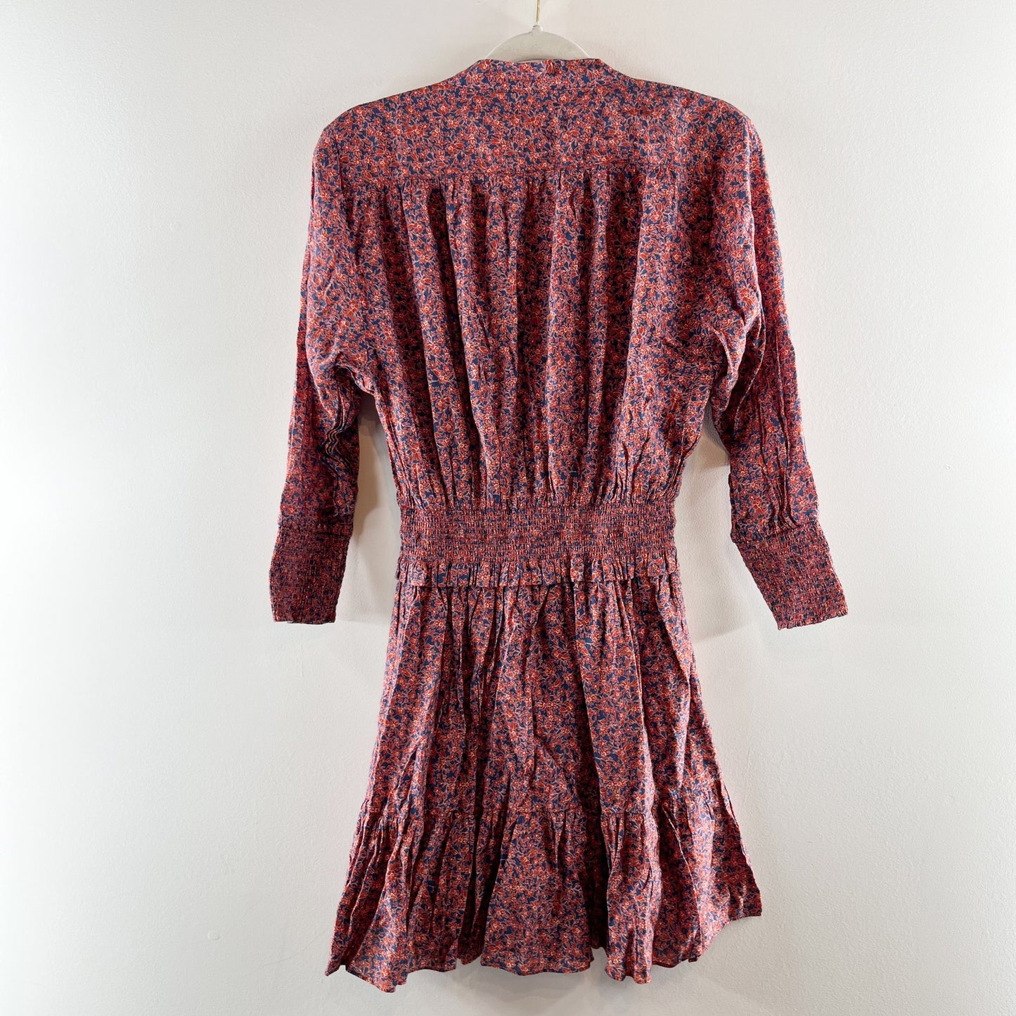 Rebecca Minkoff Chloe Floral 3/4 Sleeve Smocked Waist Mini Dress Maroon Medium