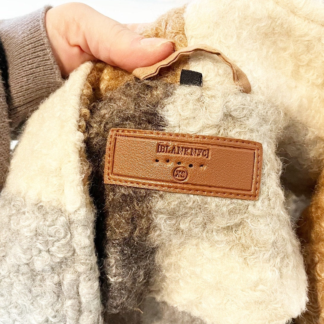 Blank NYC Good Time Faux Fur Plaid Button Up Vest Cream Gray Brown XS