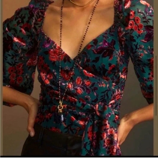 Anthropologie Long Sleeve Velvet Floral Wrap Top Blouse Green Pink XS