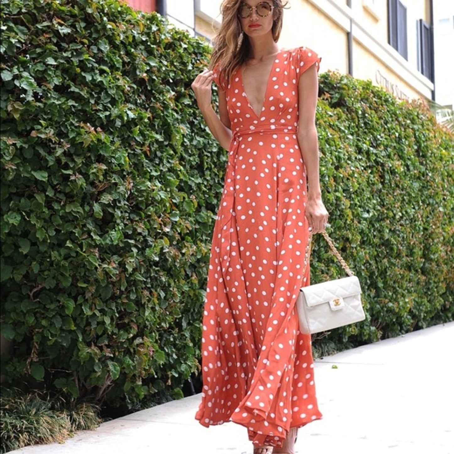 Tularosa Sid Polka Dot Cap Sleeve Plunging Neck Maxi Wrap Dress Roselle XL