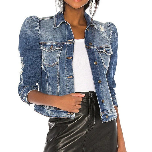 retrofete Ada Puff Sleeve Button-Front Denim Jean Jacket Worn Vintage Blue Small