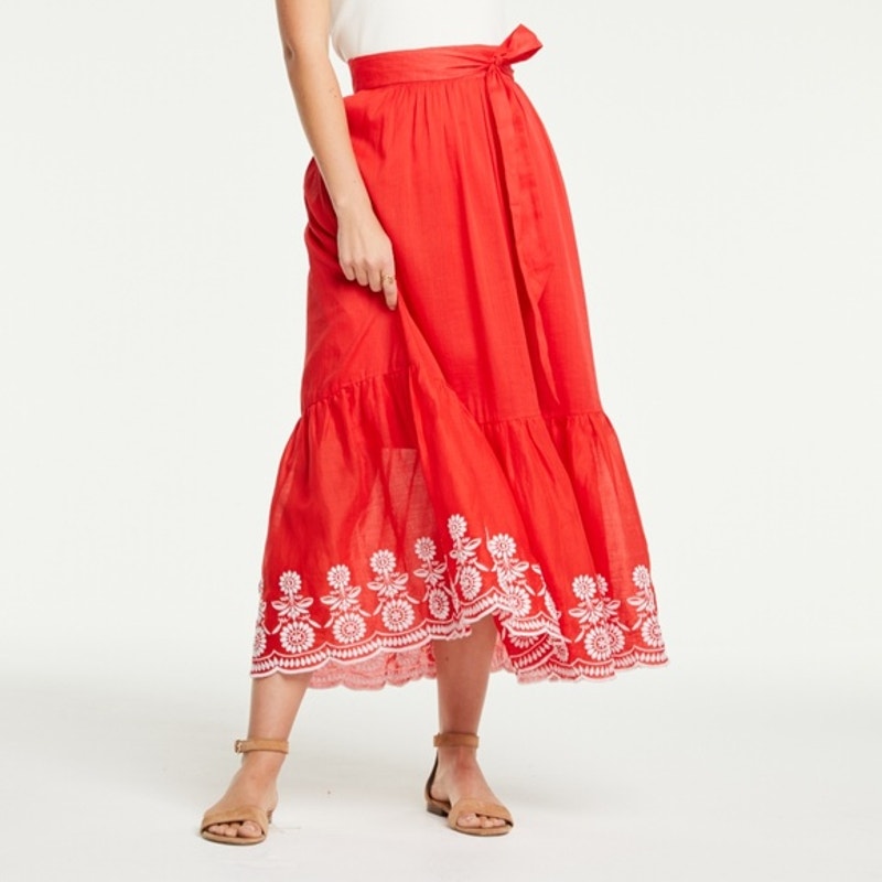 Ann Taylor Embroidered Hem Cotton Midi Peasant Skirt Red 6 Petite