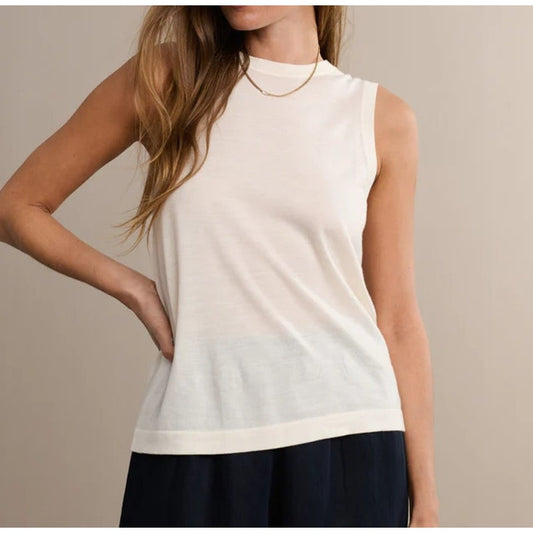 Jenni Kayne 100% Merino Wool Sleeveless Crew Neck Tank Top Cream Large