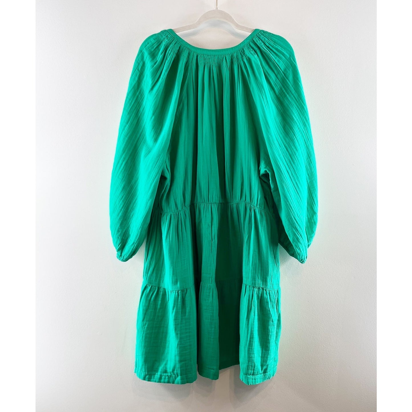 GAP Long Sleeve Crinkle Tiered V Neck Gauzy Cotton Mini Dress Simply Green XL T