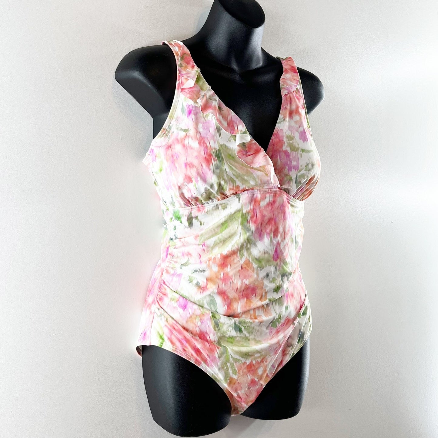 Ralph Lauren Ruffle Trim Floral One Piece Swimsuit Pink Green 14