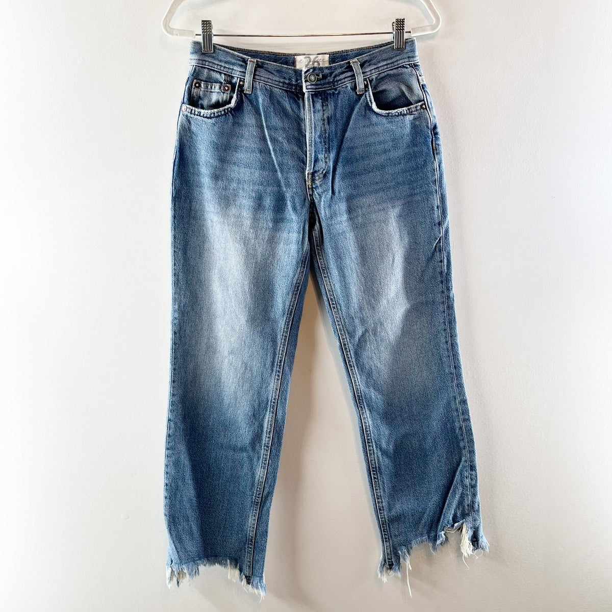 Free People Mid Rise Maggie Button Fly Straight Leg Chewed Hem Jeans Blue 26