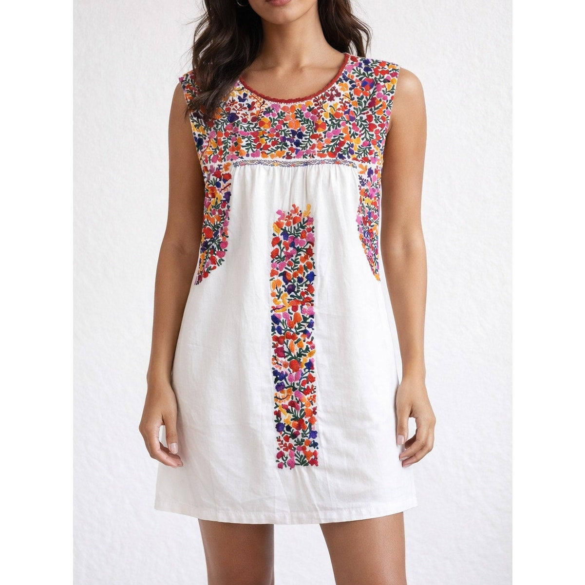 Mi Golondrina Embroidered Shift Mini Dress White Red Pink Small