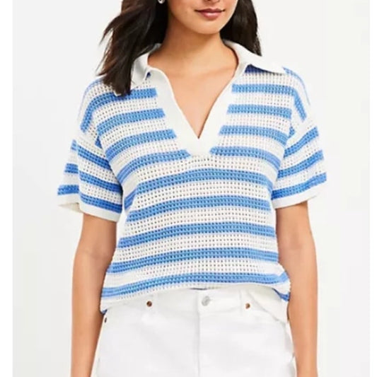 LOFT Striped Short Sleeve Collared Knit Pullover Sweater White Blue Large