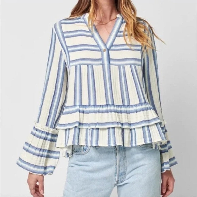 Faherty Vida Baja Striped Gauzy Cotton Long Sleeve Top Blouse White Blue XS