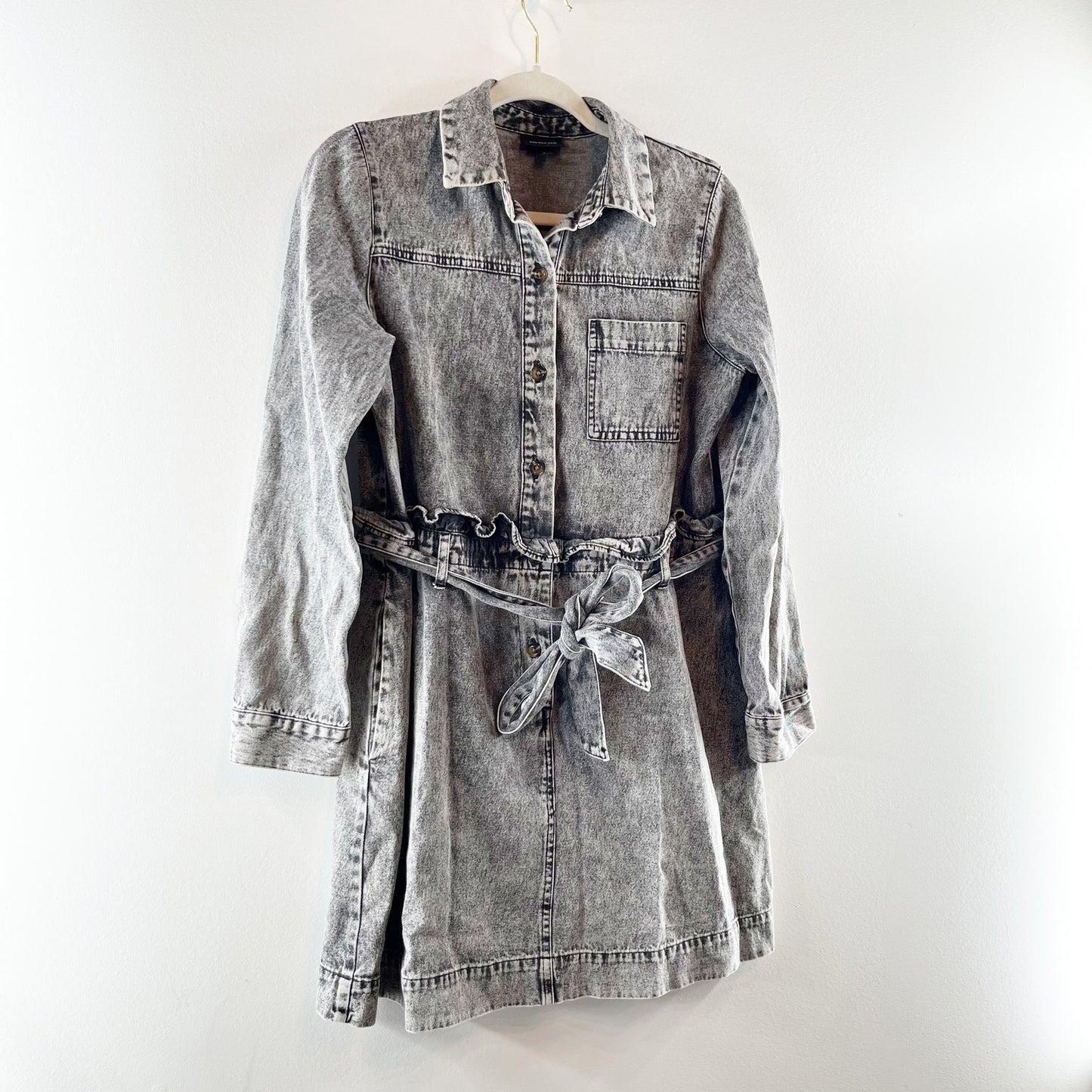 Who What Wear Belted Denim Long Sleeve Mini Dress Washed Gray Small