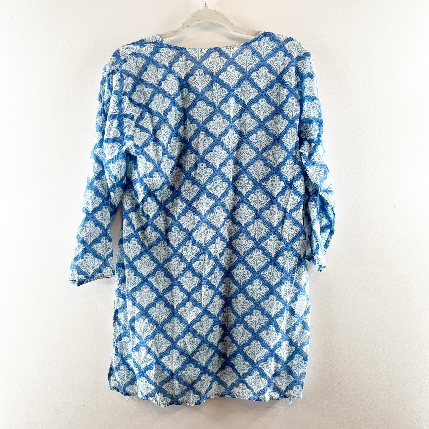 Roller Rabbit Jemina Kurta 3/4 Sleeve Split Neck Tunic Top Blue White Medium