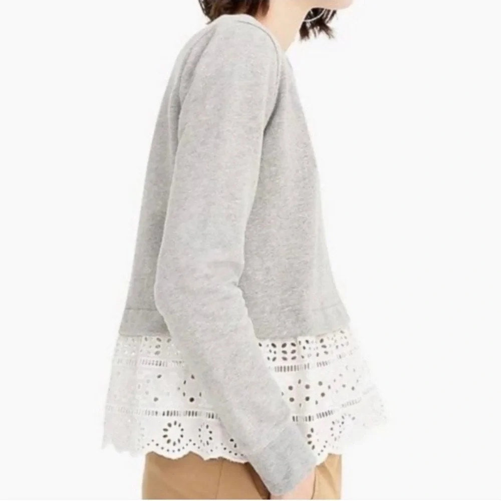 J. Crew Long Sleeve Crew Neck Eyelet-Hem Sweatshirt Gray White XXL