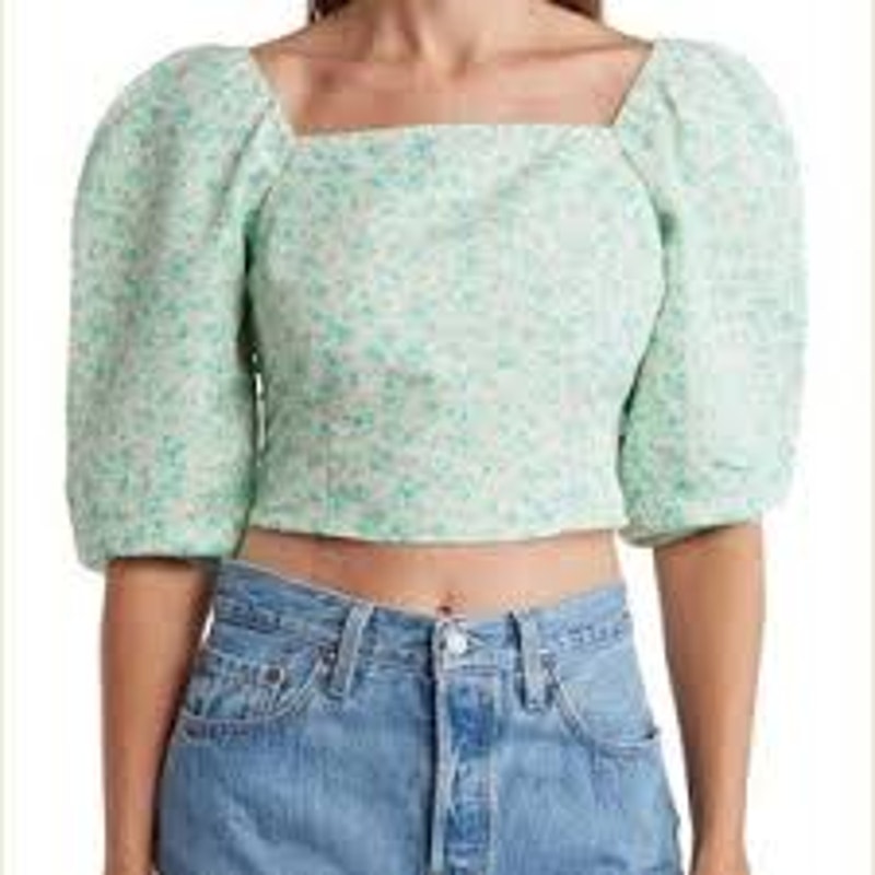 Levi's Cropped Squareneck Puff Sleeve Statement Top Blouse Green Medium