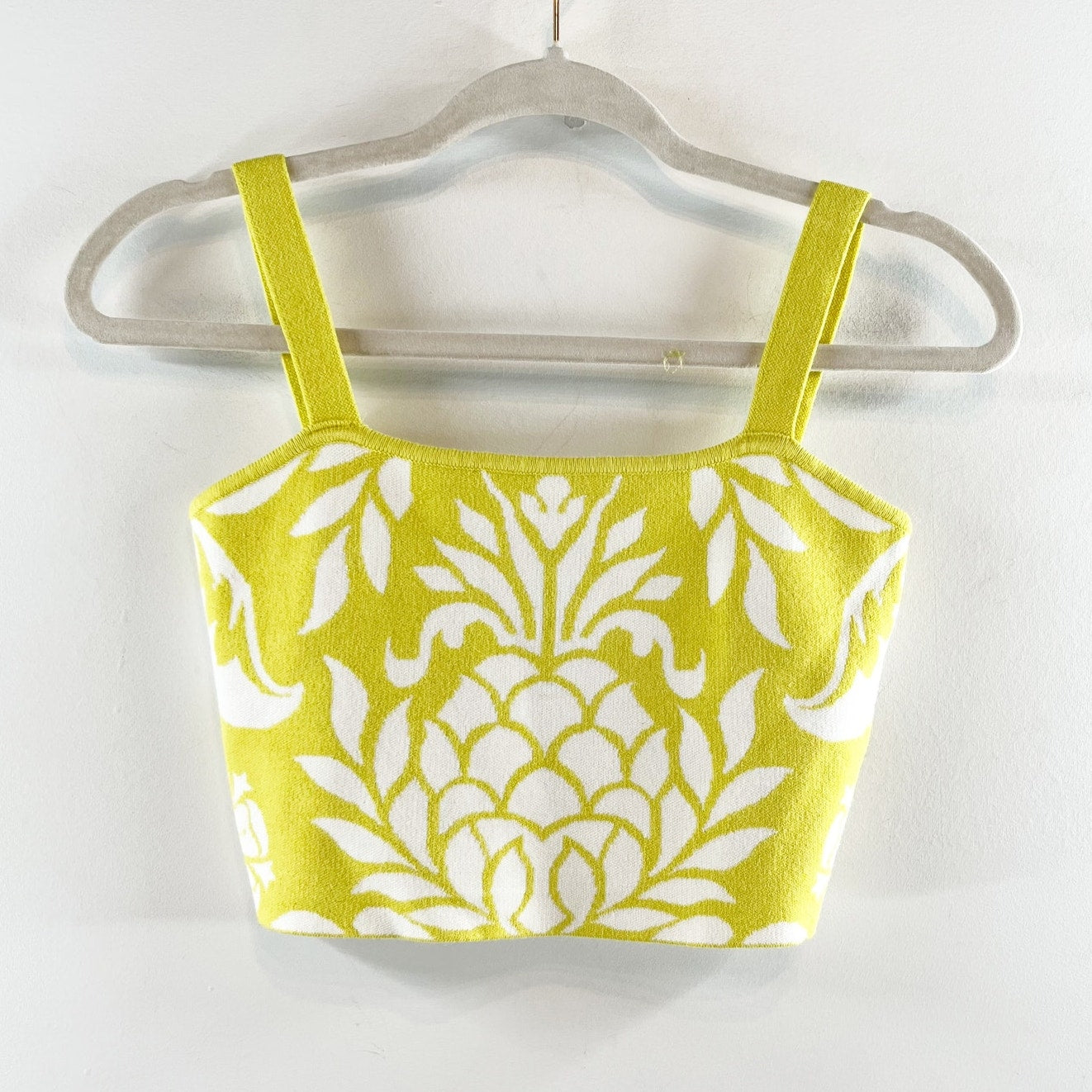 Celandine Pineapple Sleeveless Square-Neck Knit Crop Top Chartreuse Small