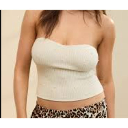 Aerie Pearl Ribbed Strapless Tube Top Tank Cream Tan Large