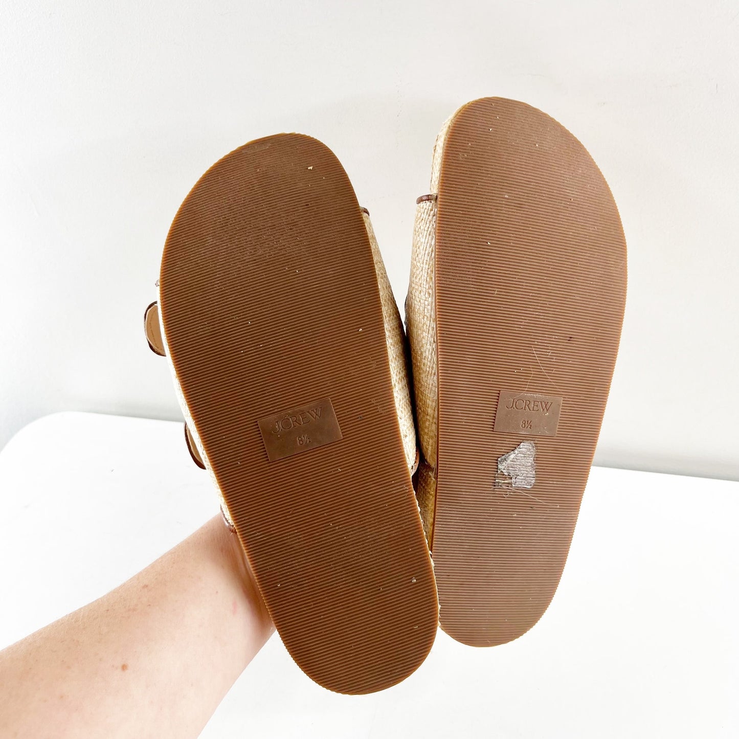 J. Crew Marlow Woven Raffia Leather Slip On Flat Slide Sandals Beige Tan 8.5