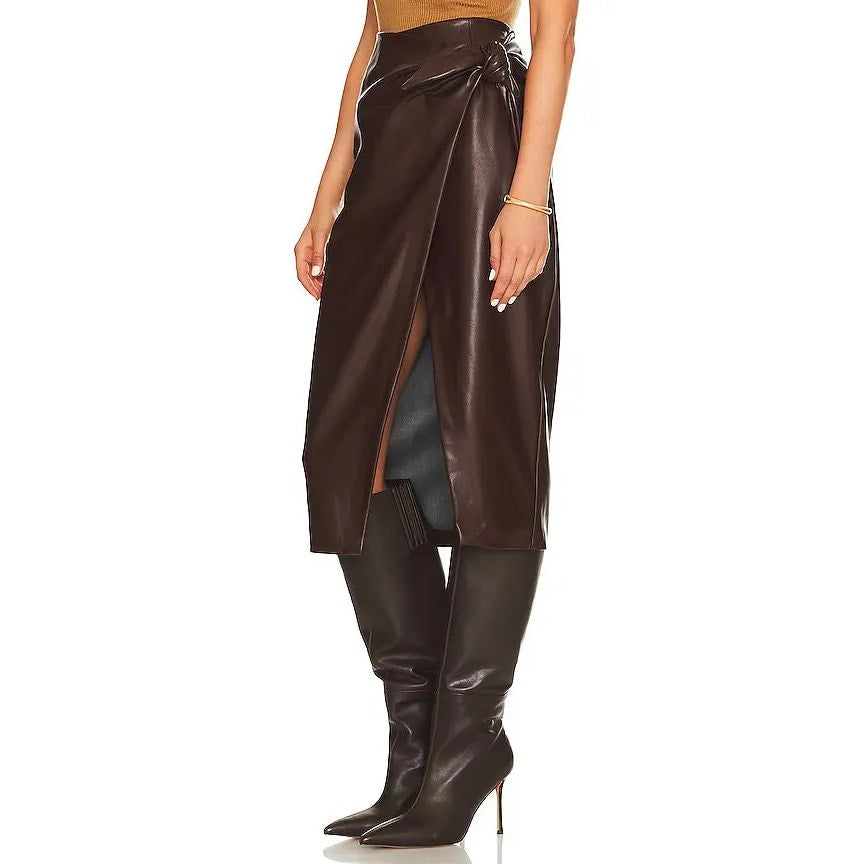 Enza Costa Vegan Leather High Waisted Wrap Midi Skirt Chocolate Brown 0