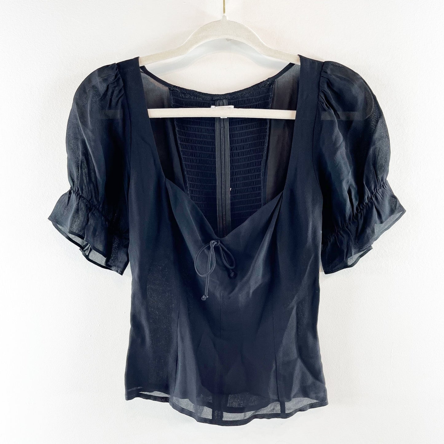 Reformation Delevan Slim Fit Puff Sleeve Lined Smocked Back Top Blouse Black 2