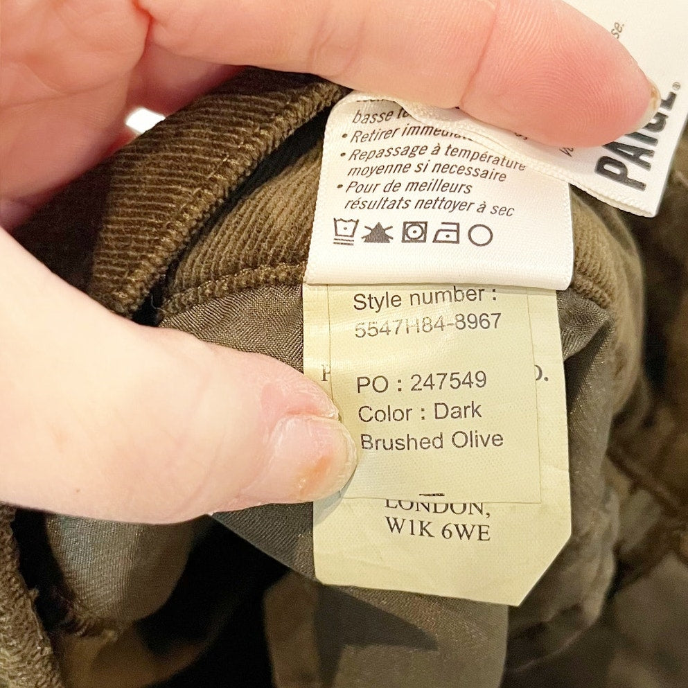 Paige Mid Rise Straight Leg Corduroy Pants in Brushed Olive Green 31