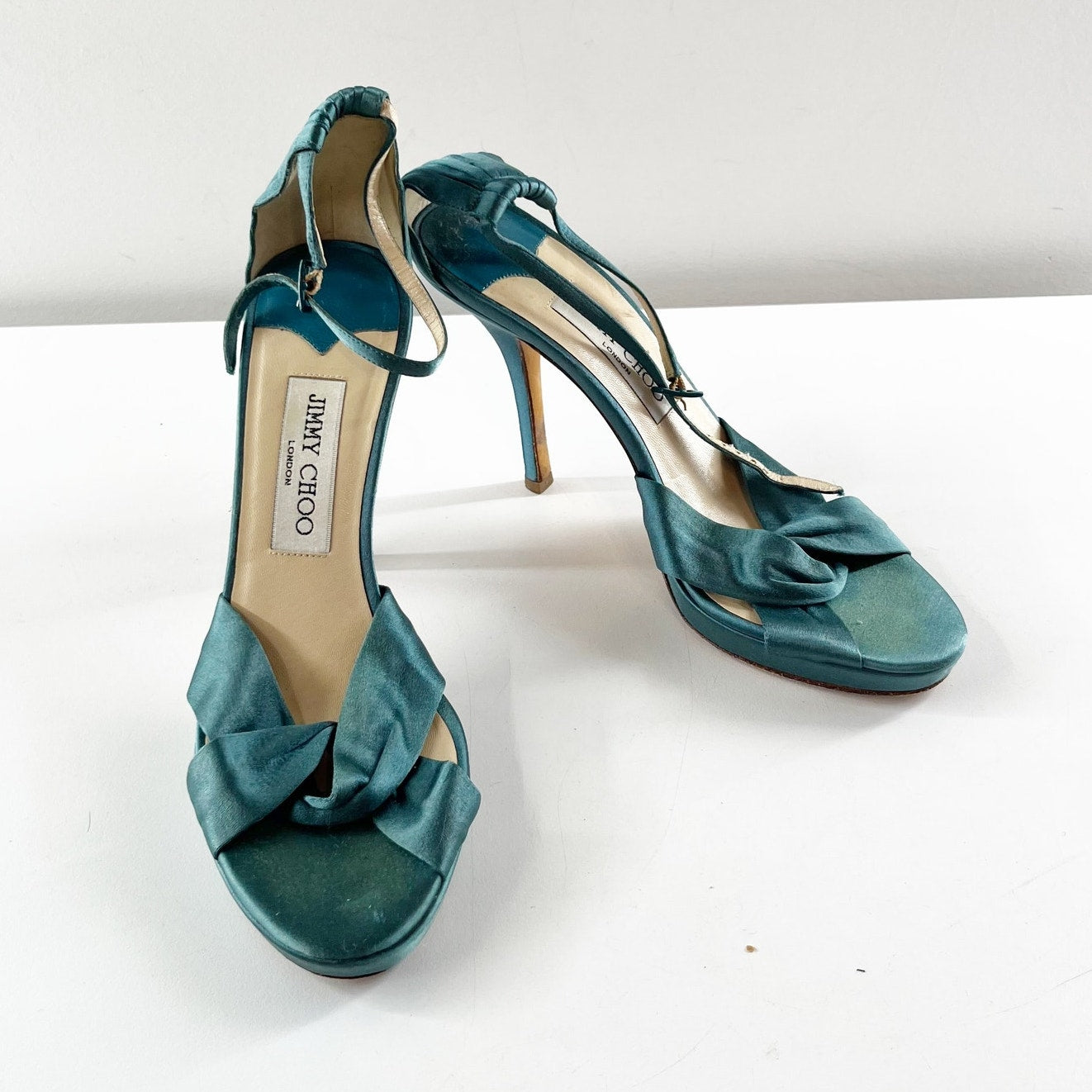 Jimmy Choo Marion Satin Knotted Ankle Strap Platform Stiletto Sandals Green 38