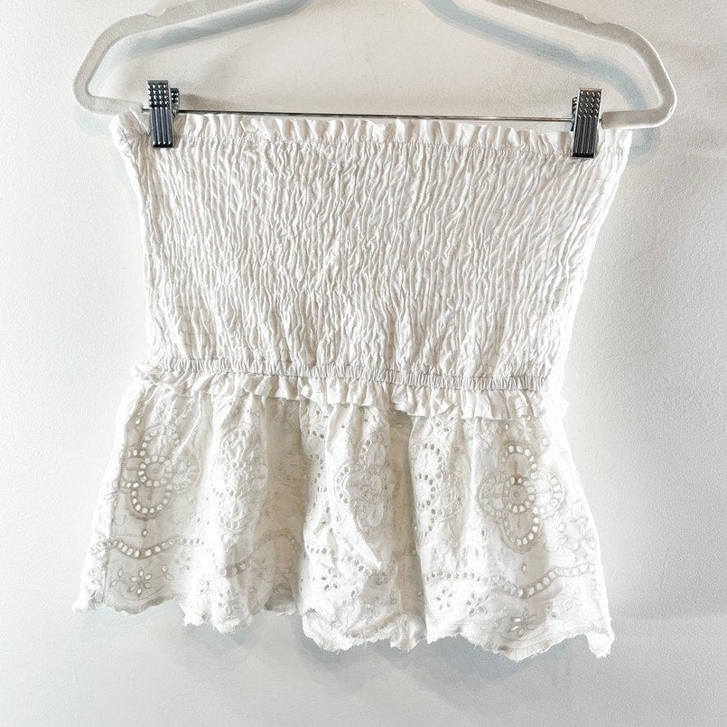 Sim + Sam Smocked Strapless Tube Eyelet Hem Peplum Tank Top White Small