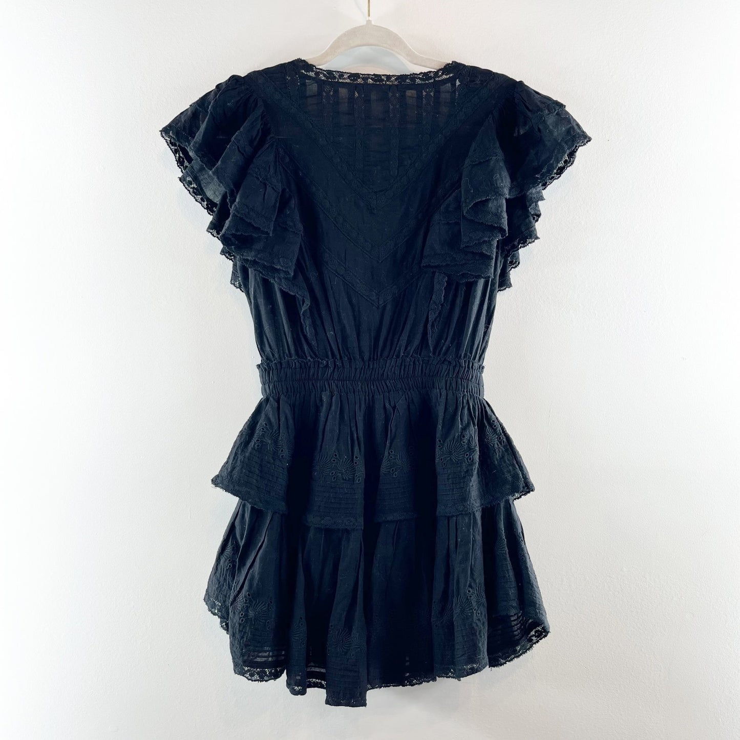 LoveShackFancy Gwen Heritage Ruffle Lace Mini Dress Black XS