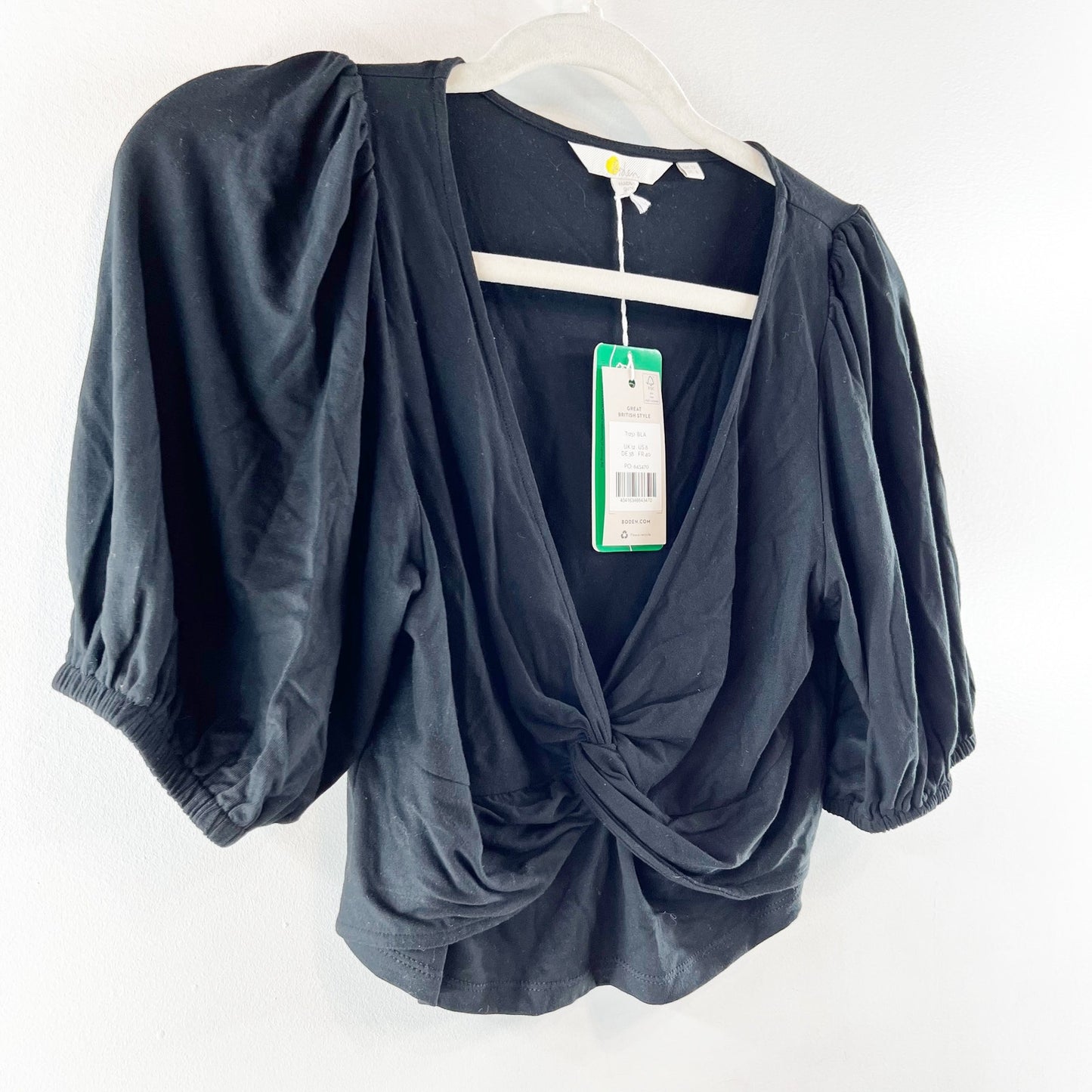 Boden V Neck Twist Front Jersey Short Puff Sleeve Crop Top Shirt Black 8