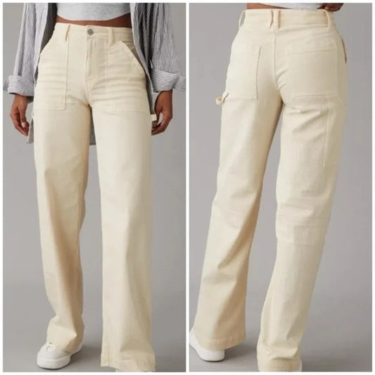 American Eagle Dreamy Drape Stretch Super High Rise Baggy Wide Leg Pants Cream 6