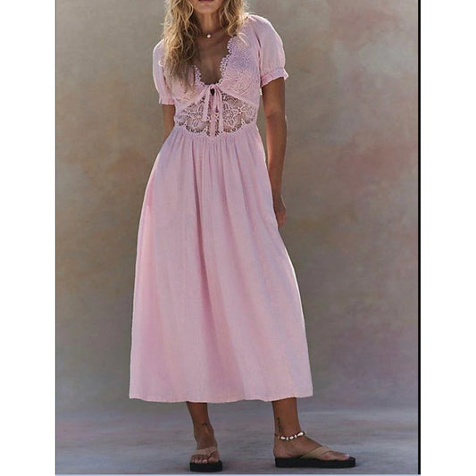 Free People All You Need Is Lace Short Sleeve Cotton Midi Dress Pink Large