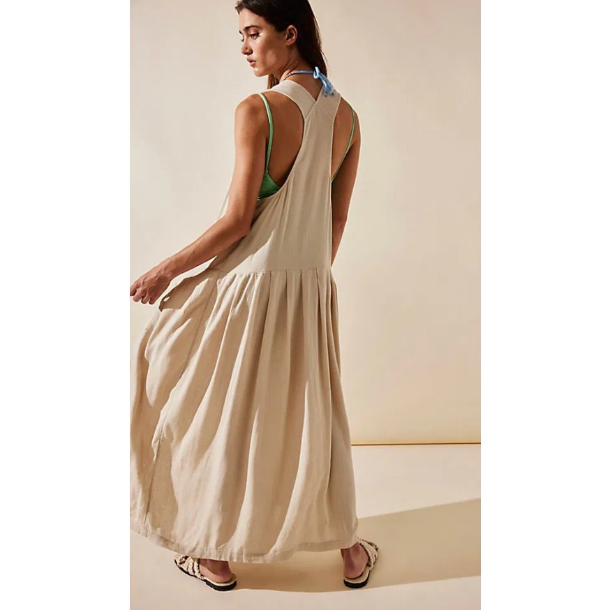 Free People Runaway With Me Linen Blend Racerback Maxi Dress Tan Beige XS