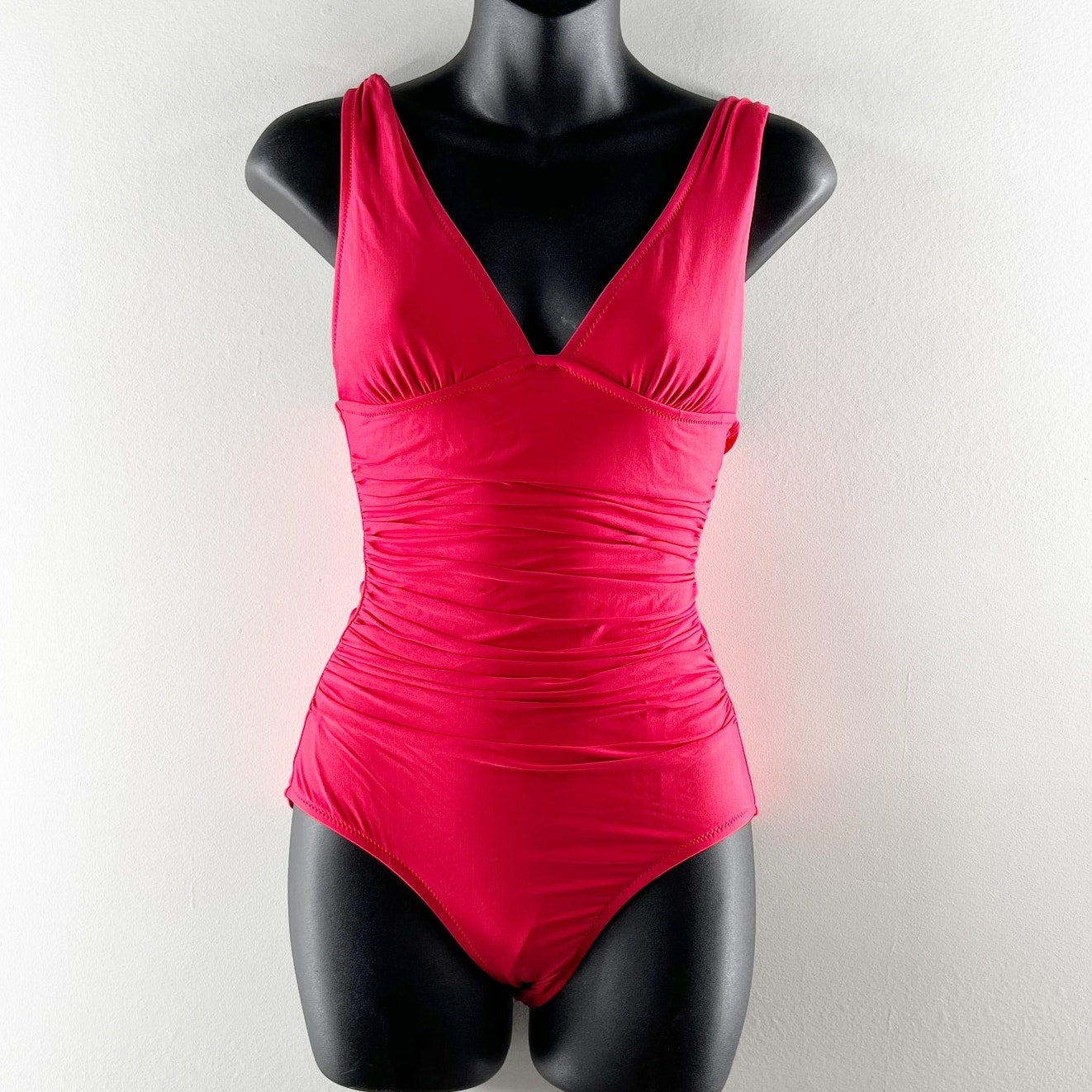 J. Crew V Neck Ruched Femme One Piece Full Coverage Bathing Suit Red Pink 2