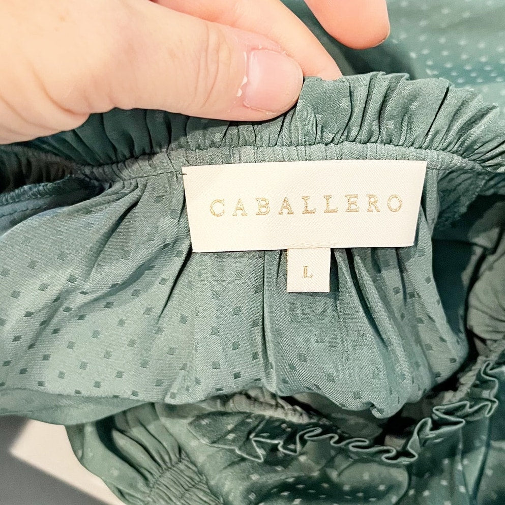 Caballero Long Sleeve V Neck Satin Blouse Top Green Large