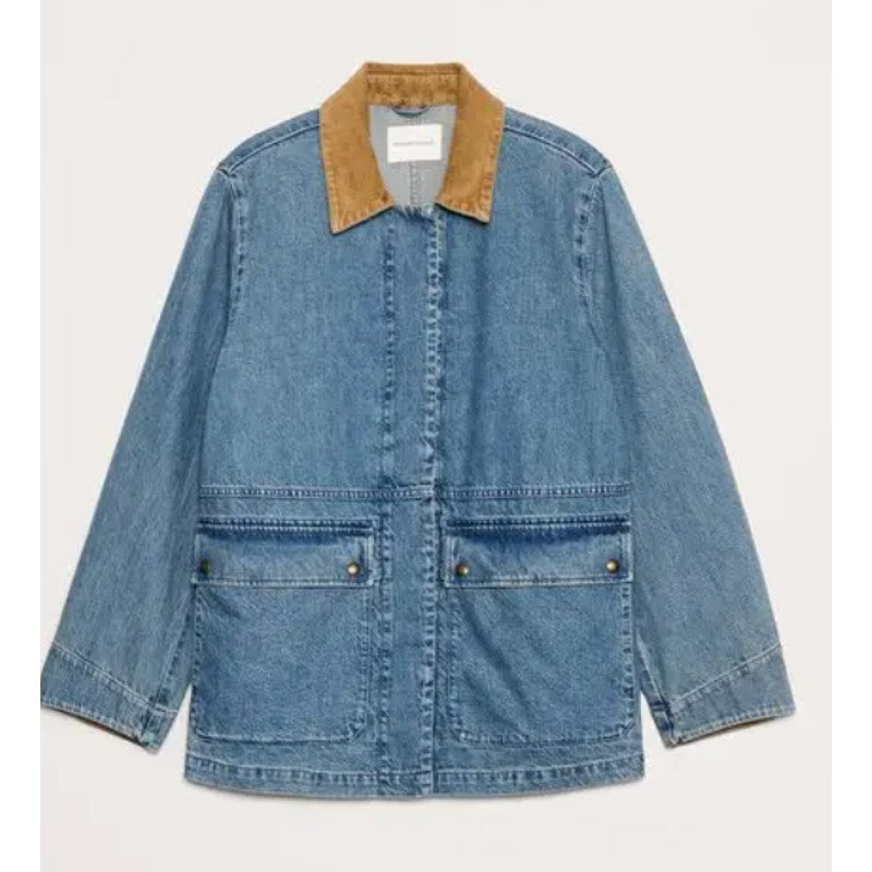 Banana Republic Denim Chore Coat Barn Jacket Corduroy Collar Blue Brown XS