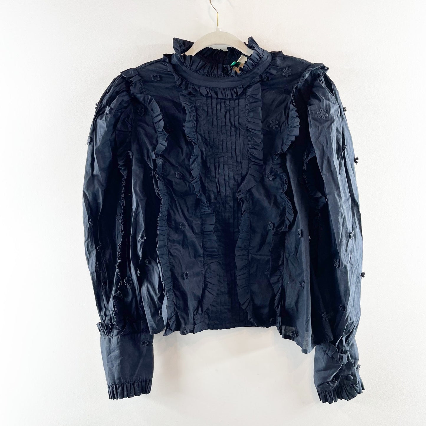 FARM Rio 3D Flower Long Sleeve High Neck Ruffle Blouse Black Large